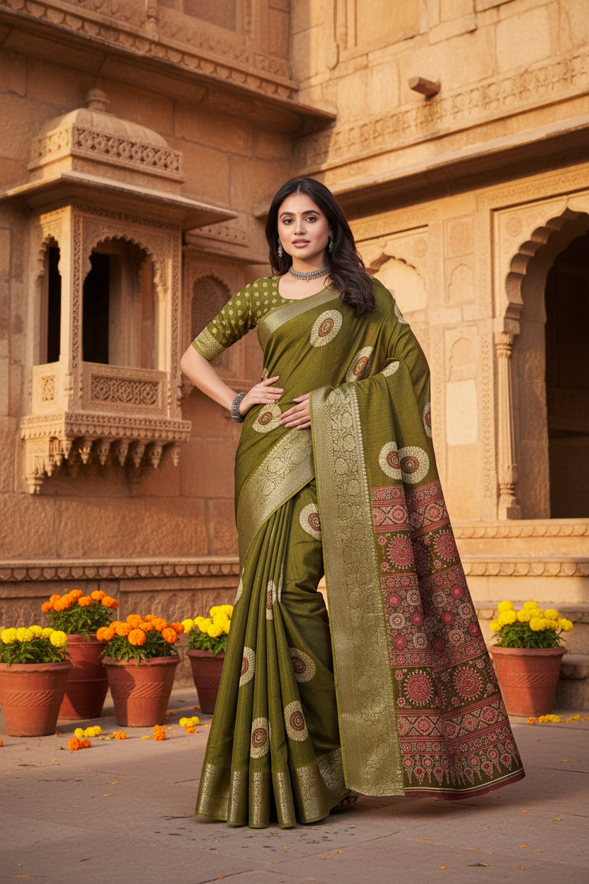 Women's art silk printed saree with unstitched blouse 5
