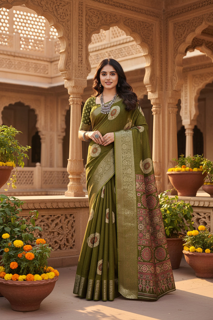 Pid 66730 women s art silk printed saree with unstitched blouse 5 5 mtr mehendi 4 1000x1000