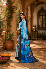 Load image into Gallery viewer, Soft Crepe Silk Digital Print Saree With Unstitched Blouse(Sky Blue)