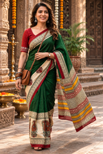 Load image into Gallery viewer, Mulmul Cotton Printed Saree With Unstitched Blouse(Green)