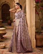 Load image into Gallery viewer, Litchi Silk Golden Zari Border Saree With Unstitched Blouse(Beige)