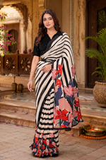 Load image into Gallery viewer, Satin Silk Floral Printed Saree With Unstitched Blouse(White)