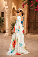 Load image into Gallery viewer, Satin Silk Floral Printed Saree with Unstitched Blouse(White)