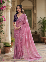 Load image into Gallery viewer, Georgette Embroidery Work Saree with Unstitched Blouse(Dark Pink)