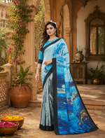 Load image into Gallery viewer, Soft Crepe Silk Digital Print Saree With Unstitched Blouse(Sky Blue)