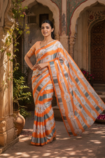 Load image into Gallery viewer, Satin Silk Floral Printed Saree With Unstitched Blouse (Orange)