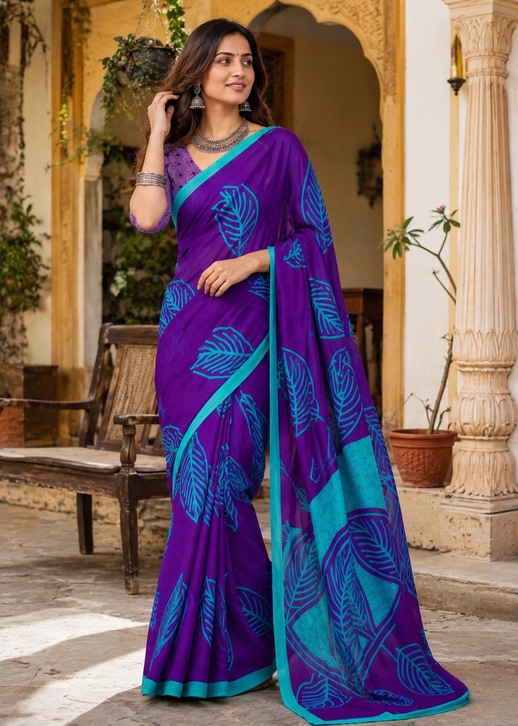 Pure mulmul cotton printed saree with unstitched blouse(purple)