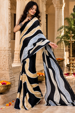Load image into Gallery viewer, Premium Satin Silk Wave Print Saree With Unstitched Blouse(Black)
