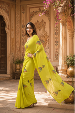 Load image into Gallery viewer, Chanderi Linen Printed Saree With Unstitched Blouse(Green)