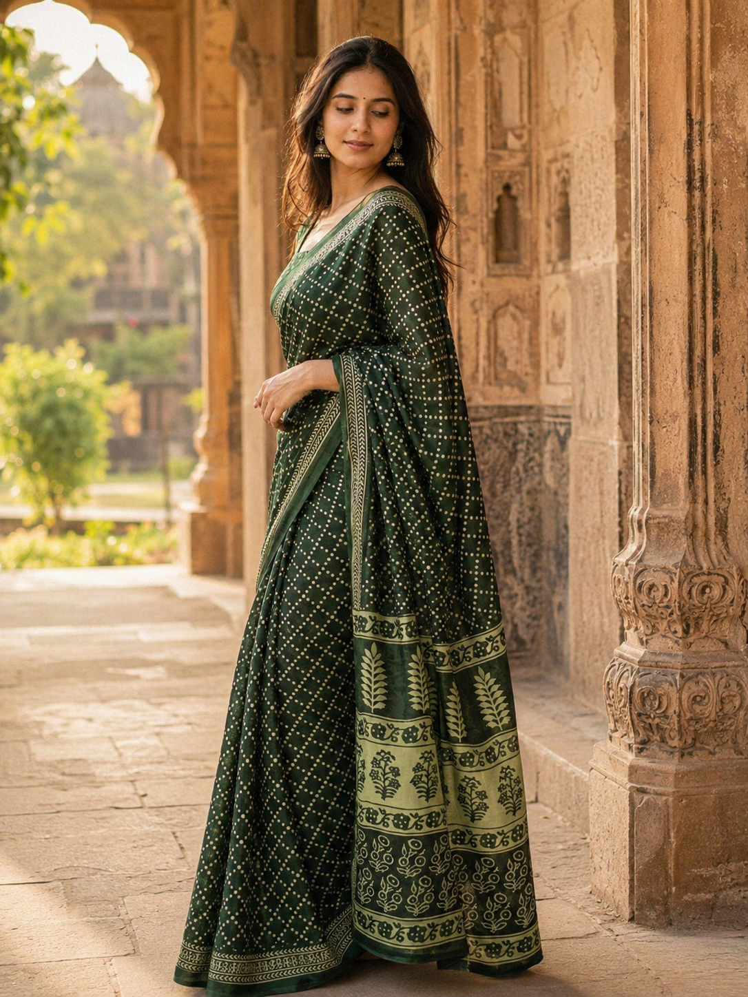Pure soft mulmul cotton printed saree with unstitched blouse(green)