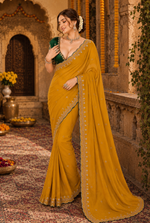 Load image into Gallery viewer, Georgette Border Embroidery Work Designer Saree With Unstitched Blouse(Mustard)
