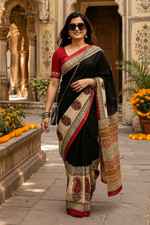 Load image into Gallery viewer, Mulmul Cotton Printed Saree With Unstitched Blouse(Black)