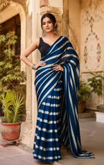 Load image into Gallery viewer, Pure Silk Ajrakh Print Saree With Unstitched Blouse(Blue)