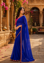 Load image into Gallery viewer, Georgette Lace Border Saree With Unstitched Blouse(Blue)