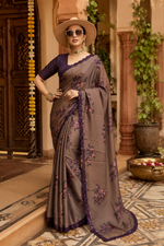 Load image into Gallery viewer, Elegant Georgette Print Sequins Border Work Saree With Unstitched Blouse(Brown)