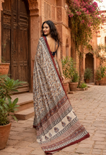 Load image into Gallery viewer, Gajji Silk Ajrakh Printed Saree With Unstitched Blouse(Beige)