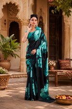 Load image into Gallery viewer, Satin Silk Floral Printed Saree with Unstitched Blouse(Green)