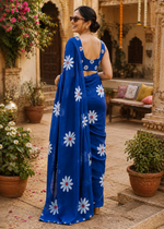 Load image into Gallery viewer, Mulmul Cotton Floral Printed Saree With Unstitched Blouse(Blue)
