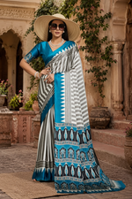 Load image into Gallery viewer, Satin Silk Ajrakh Print Saree With Unstitched Blouse(Blue)