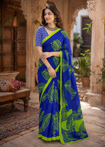Load image into Gallery viewer, Pure Mulmul Cotton Printed Saree With Unstitched Blouse(Blue)