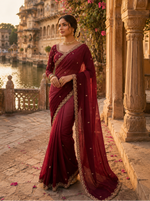 Load image into Gallery viewer, Georgette Border Work Saree With Unstitched Blouse(Red)