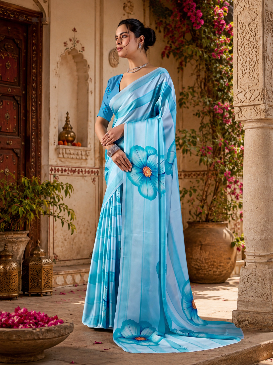 Elegant soft satin georgette saree with unstitched blouse(blue)