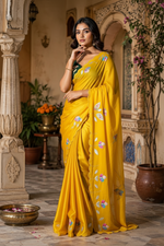 Load image into Gallery viewer, Premium Georgette Floral Print Saree With Unstitched Blouse(Yellow)
