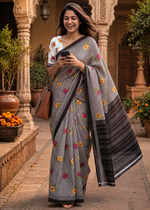 Load image into Gallery viewer, Soft Pure Mulmul Cotton Printed Saree With Unstitched Blouse(Black)