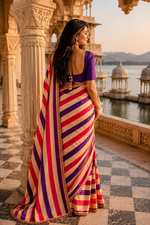 Load image into Gallery viewer, Soft Chinon Lehriye Silk Saree With Unstitched Blouse(Purple)