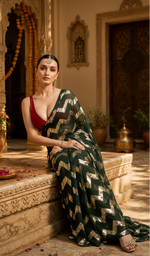 Load image into Gallery viewer, Georgette Zig Zag Printed Saree With Unstitched Blouse(Black)