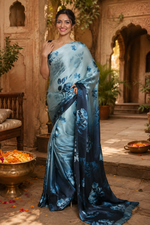 Load image into Gallery viewer, Satin Silk Printed Saree with Unstitched Blouse(Blue)
