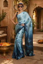 Load image into Gallery viewer, Satin Silk Printed Saree with Unstitched Blouse(Blue)