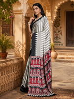 Load image into Gallery viewer, Satin Silk Ajrakh Print Saree With Unstitched Blouse(Black)