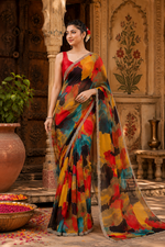 Load image into Gallery viewer, Trendy Multi-Color Abstract Print Georgette Saree with Designer Scalloped Siroshki Border & Unstitched Blouse Piece
