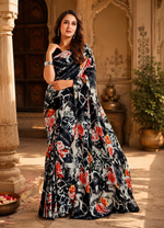 Load image into Gallery viewer, Crepe Silk Digital Print Saree With Unstitched Blouse(Black)