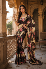 Load image into Gallery viewer, Satin Silk Printed Saree with Unstitched Blouse(Black)