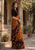 Load image into Gallery viewer, Pure Mulmul Cotton Printed Saree With Unstitched Blouse(Orange)