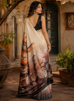 Load image into Gallery viewer, Crepe Silk Printed Saree With Unstitched Blouse(Cream)