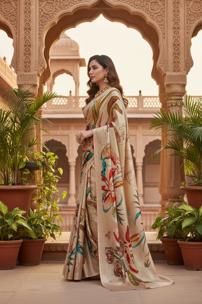 Crepe silk digital printed sarees with unstitched blouse(cream)