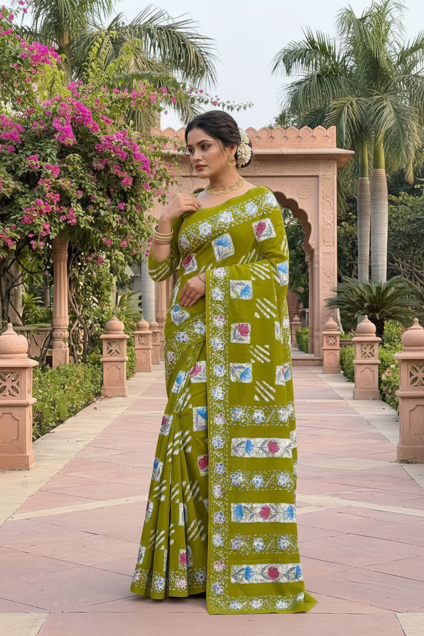 Mulmul cotton printed saree with unstitched blouse