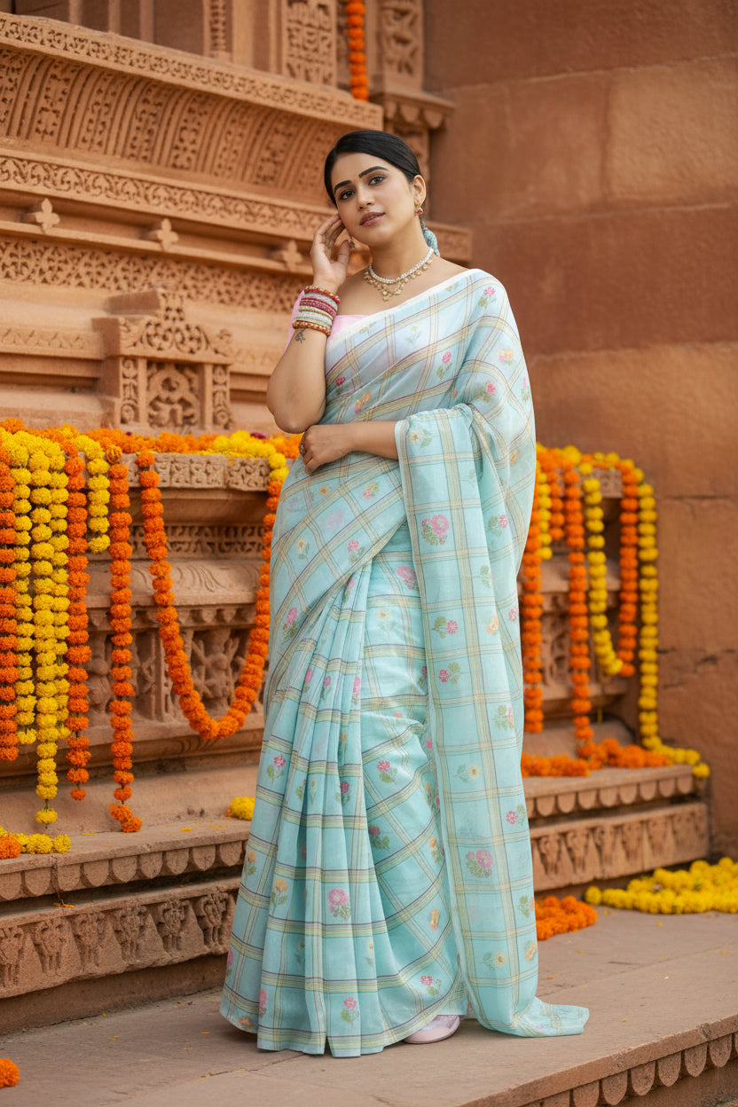 Soft linen jari designer saree with pink blouse piece