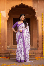 Load image into Gallery viewer, Linen Batik Printed Saree With Unstitched Blouse(Purple)