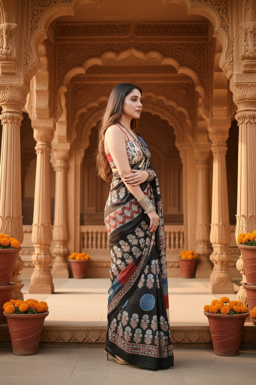 Satin silk ajrakh printed saree with unstitched blouse(black)