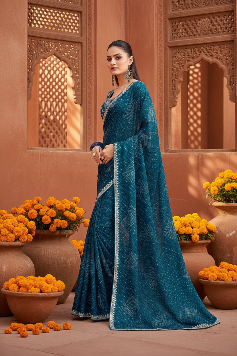 Sequence georgette bandhani printed saree with unstitched blouse(navy blue)
