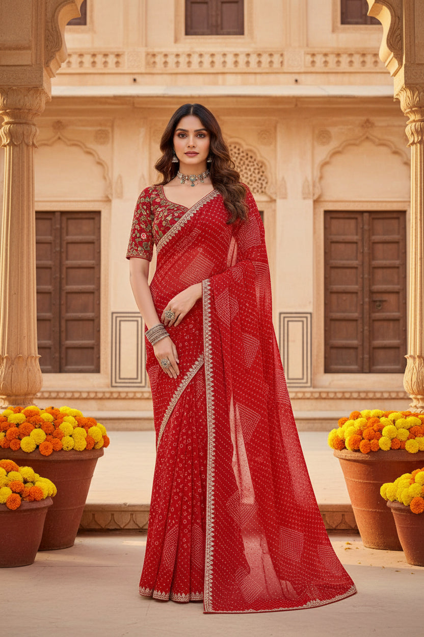 Sequence georgette bandhani printed saree with unstitched blouse(red)