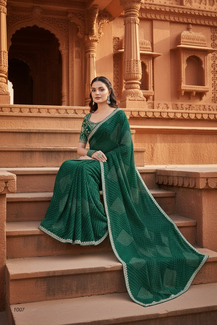 Sequence georgette bandhani printed saree with unstitched blouse(green)