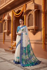 Load image into Gallery viewer, Cotton Printed Saree With Unstitched Blouse(White)