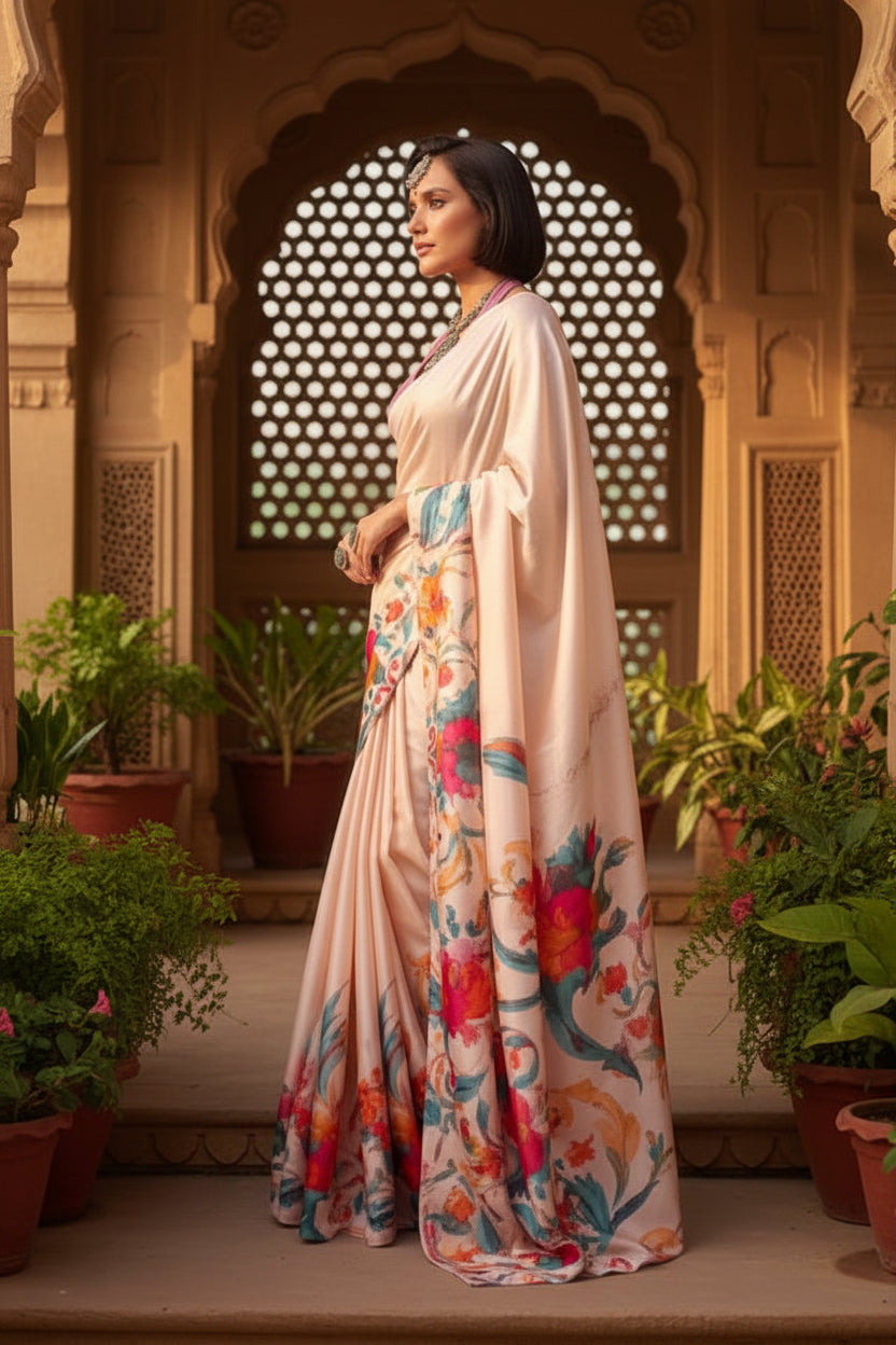 Satin silk printed saree with unstitched blouse(cream)
