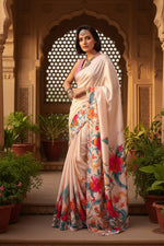 Load image into Gallery viewer, Satin Silk Printed Saree with Unstitched Blouse(Cream)