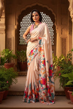 Load image into Gallery viewer, Satin Silk Printed Saree with Unstitched Blouse(Cream)